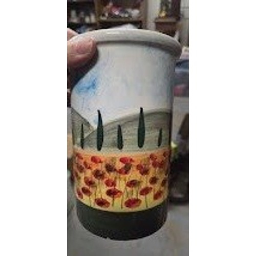 Hand Painted Made in Italy Ceramic Vase Tuscan Poppy Field Cypress Trees 7in